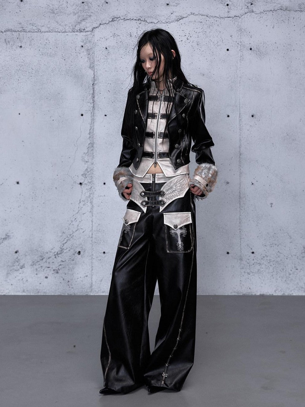 NO ROMANCE Embroidered Distressed Punk Layered Women'S Faux Leather Wide-Leg Pants