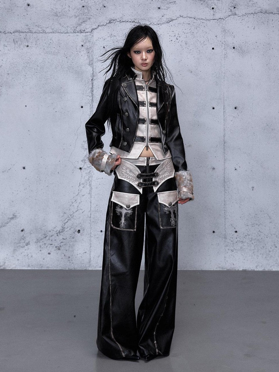 NO ROMANCE Embroidered Distressed Punk Layered Women'S Faux Leather Wide-Leg Pants