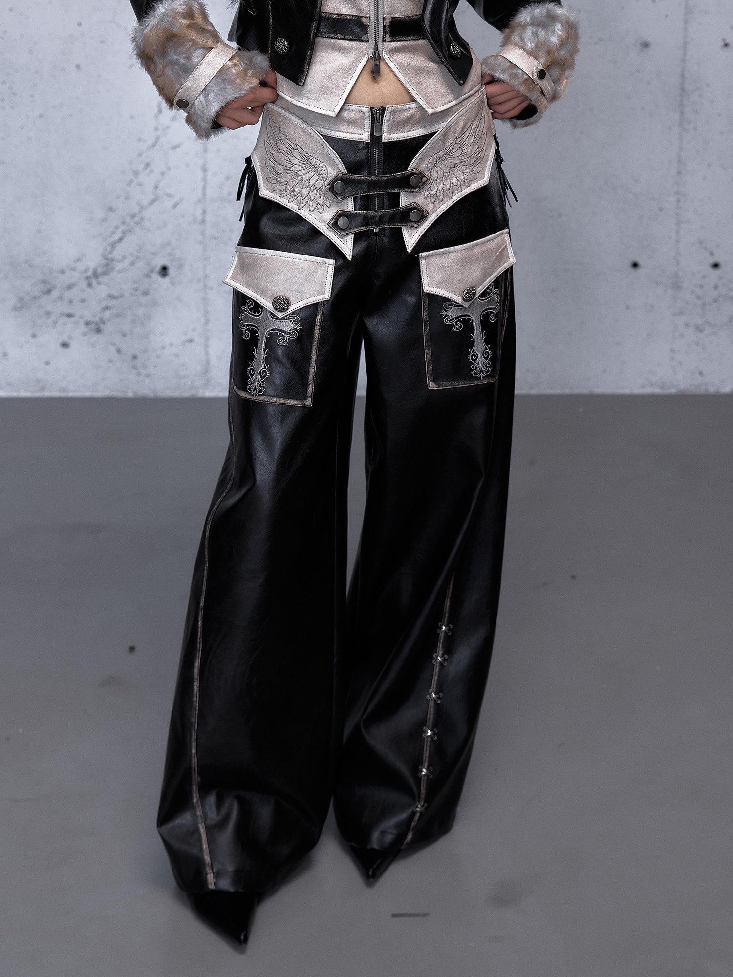 NO ROMANCE Embroidered Distressed Punk Layered Women'S Faux Leather Wide-Leg Pants