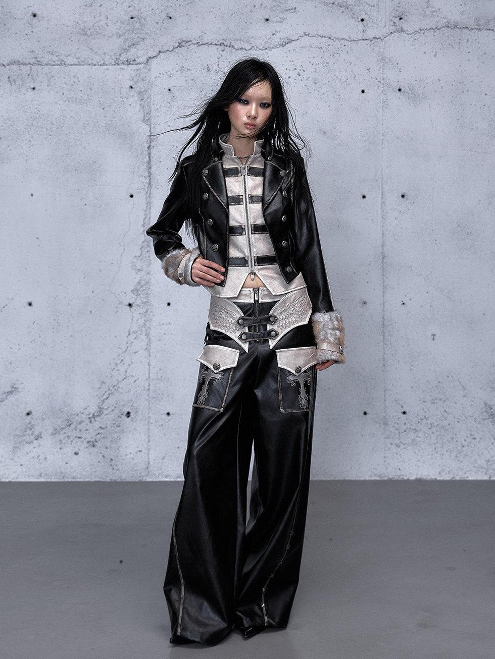 NO ROMANCE Embroidered Distressed Punk Layered Women'S Faux Leather Wide-Leg Pants
