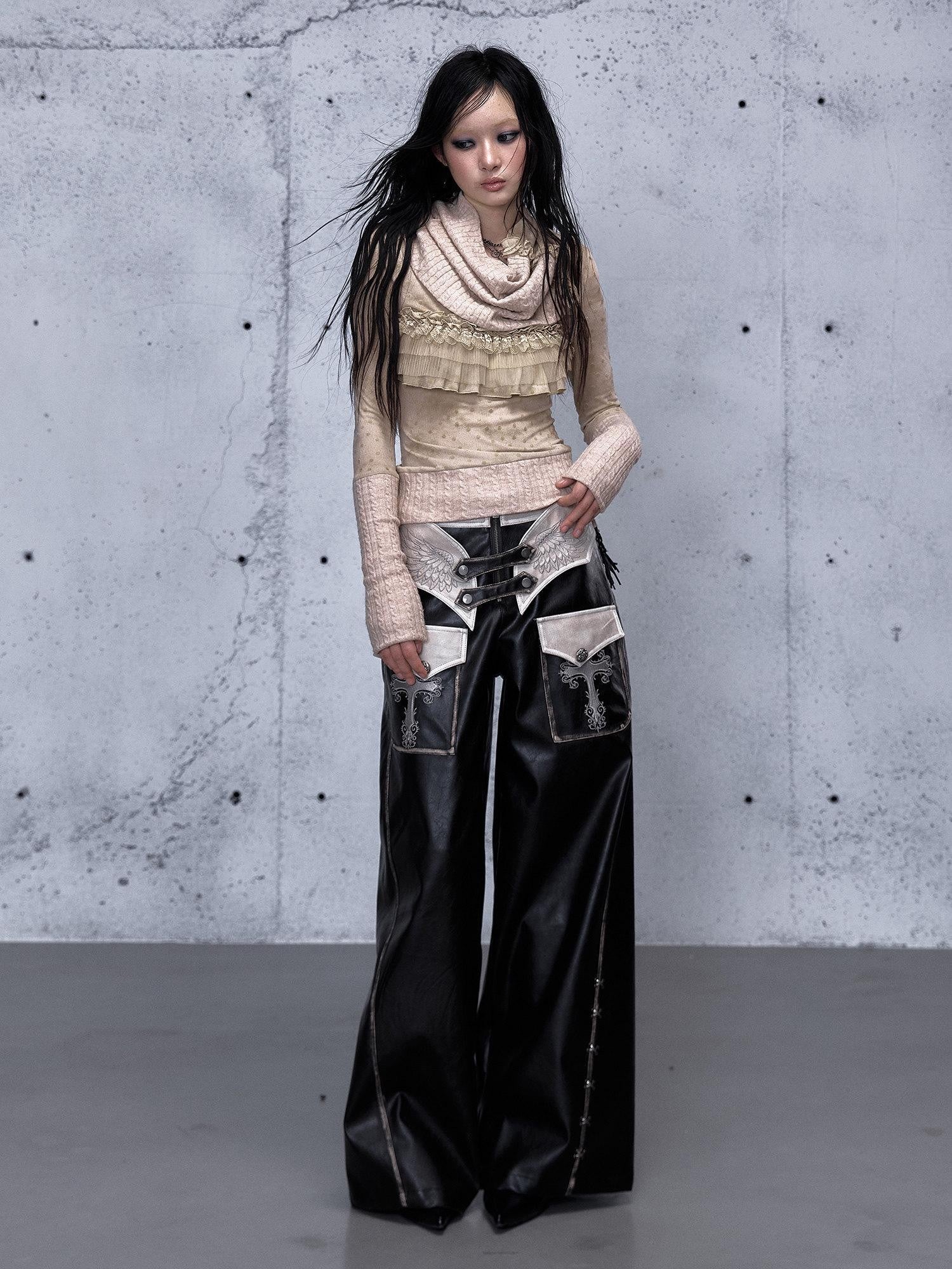 NO ROMANCE Embroidered Distressed Punk Layered Women'S Faux Leather Wide-Leg Pants