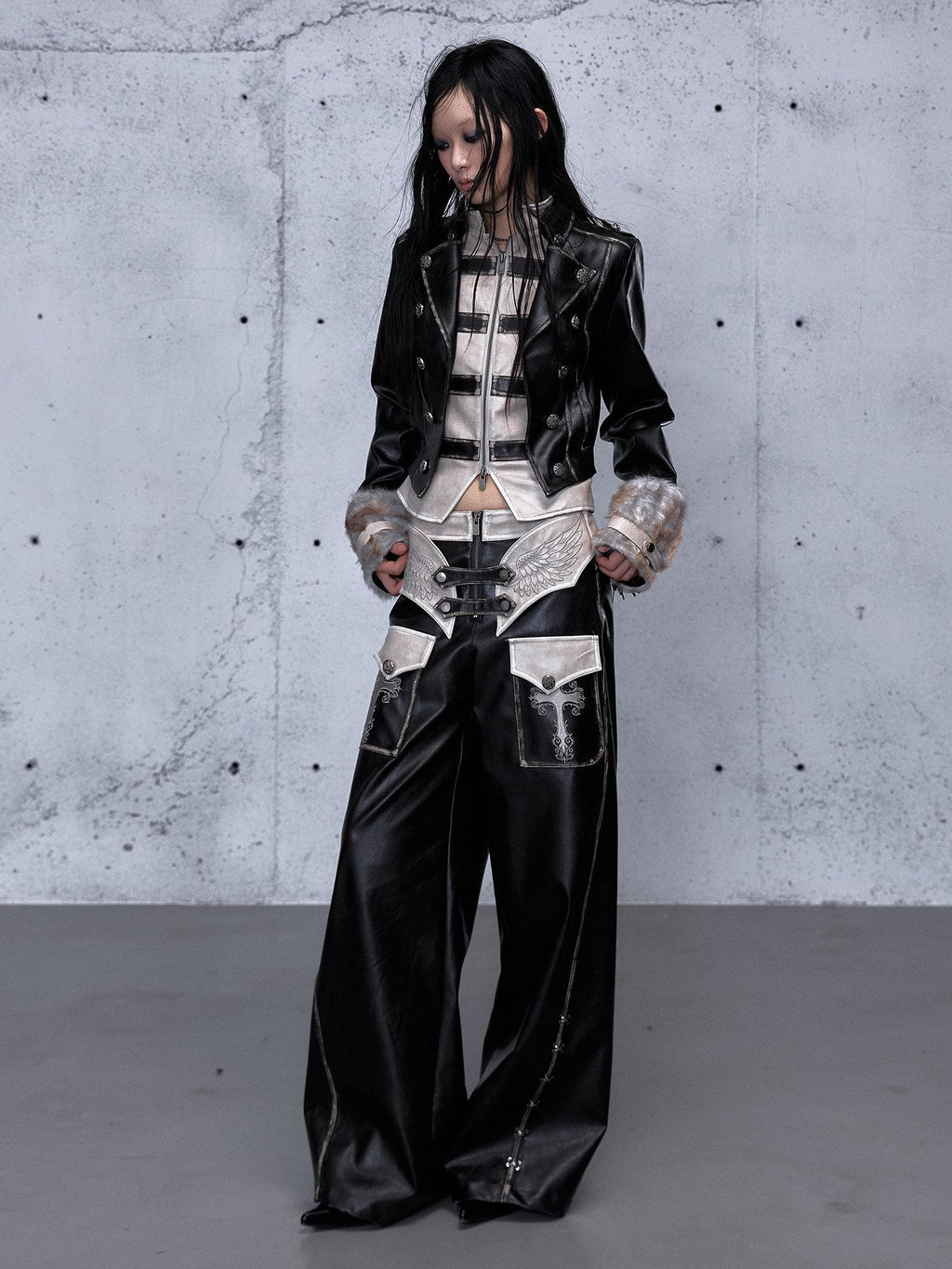 NO ROMANCE Embroidered Distressed Punk Layered Women'S Faux Leather Wide-Leg Pants