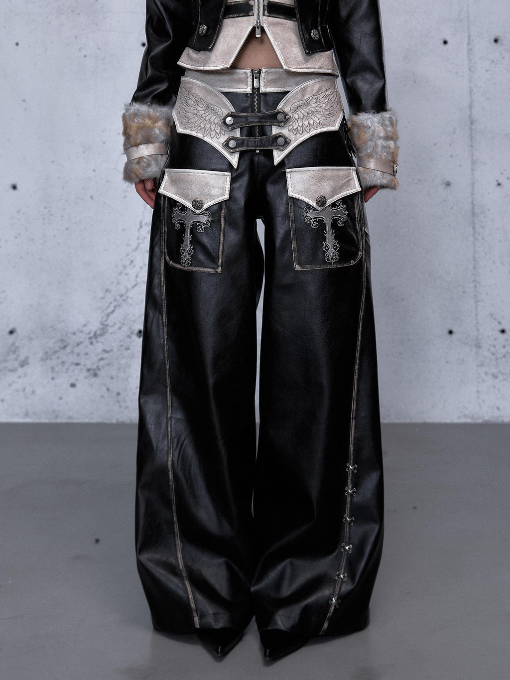 NO ROMANCE Embroidered Distressed Punk Layered Women'S Faux Leather Wide-Leg Pants