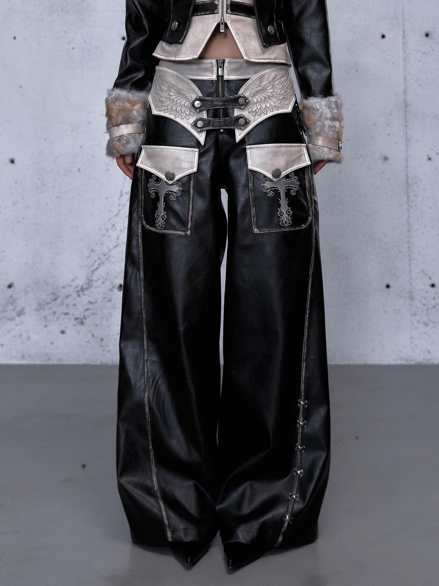 NO ROMANCE Embroidered Distressed Punk Layered Women'S Faux Leather Wide-Leg Pants