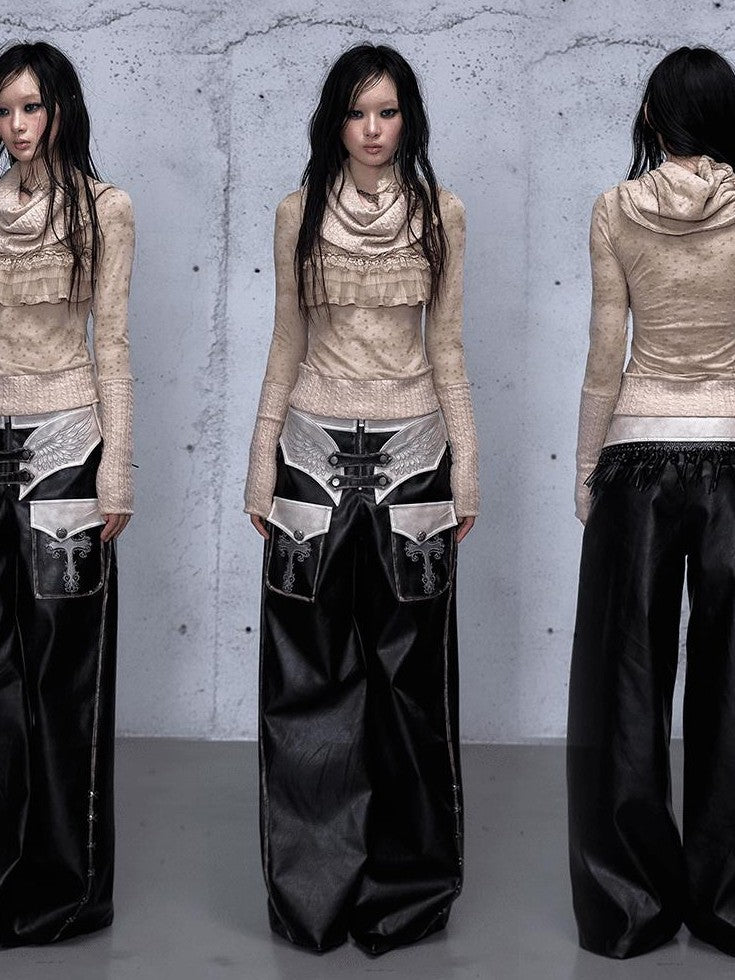 NO ROMANCE Embroidered Distressed Punk Layered Women'S Faux Leather Wide-Leg Pants