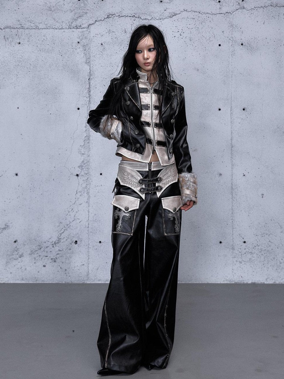 NO ROMANCE Embroidered Distressed Punk Layered Women'S Faux Leather Wide-Leg Pants
