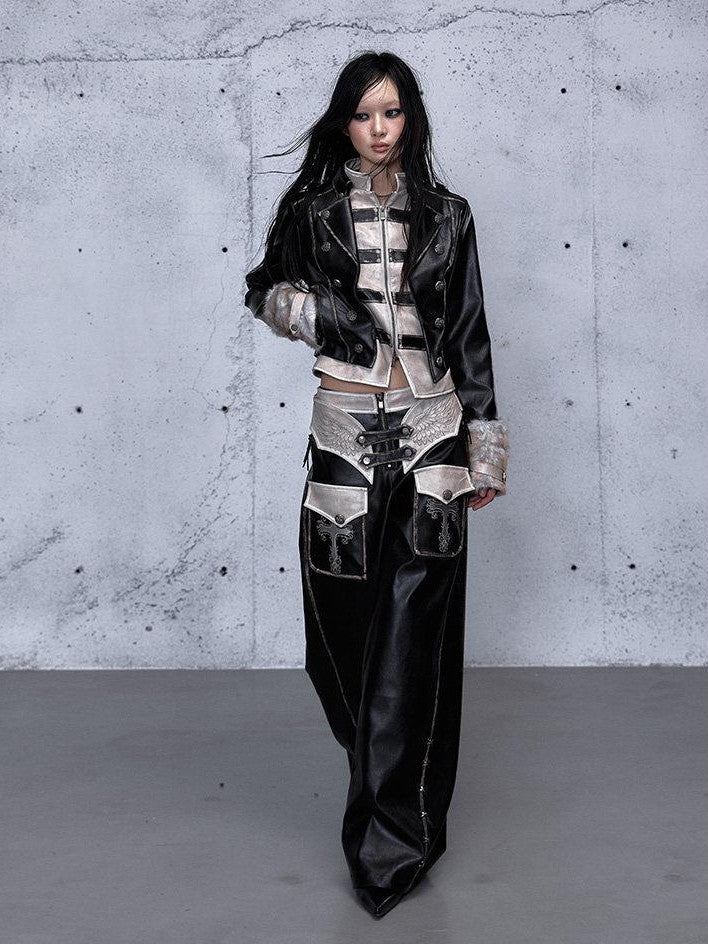 NO ROMANCE Embroidered Distressed Punk Layered Women'S Faux Leather Wide-Leg Pants