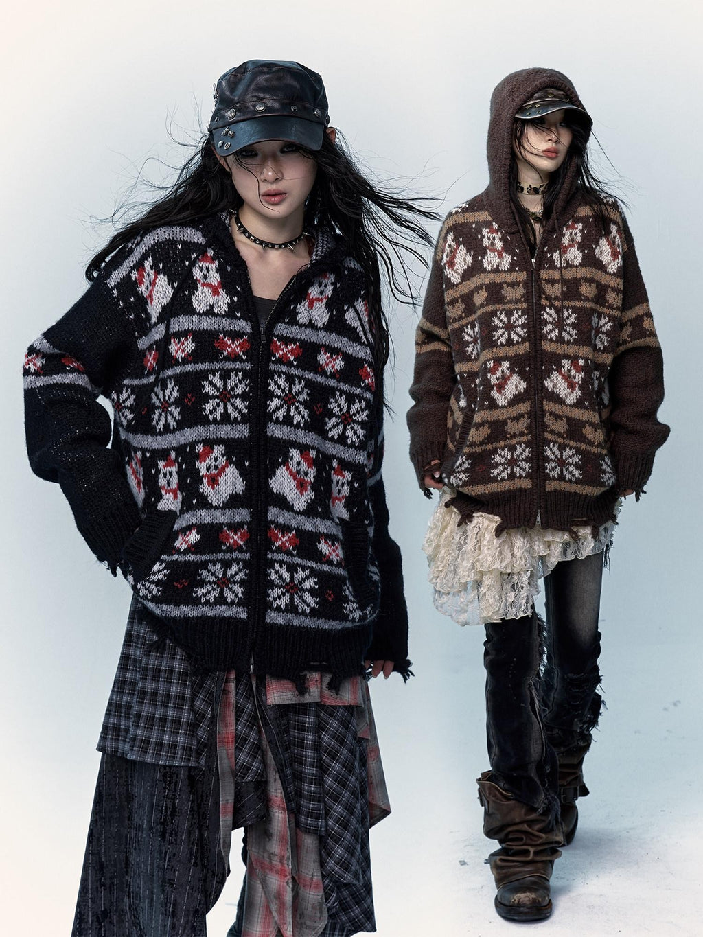 NO ROMANCE Fair Isle Hooded Zipper Vintage Loose Women'S Mohair Wool Knit Cardigans