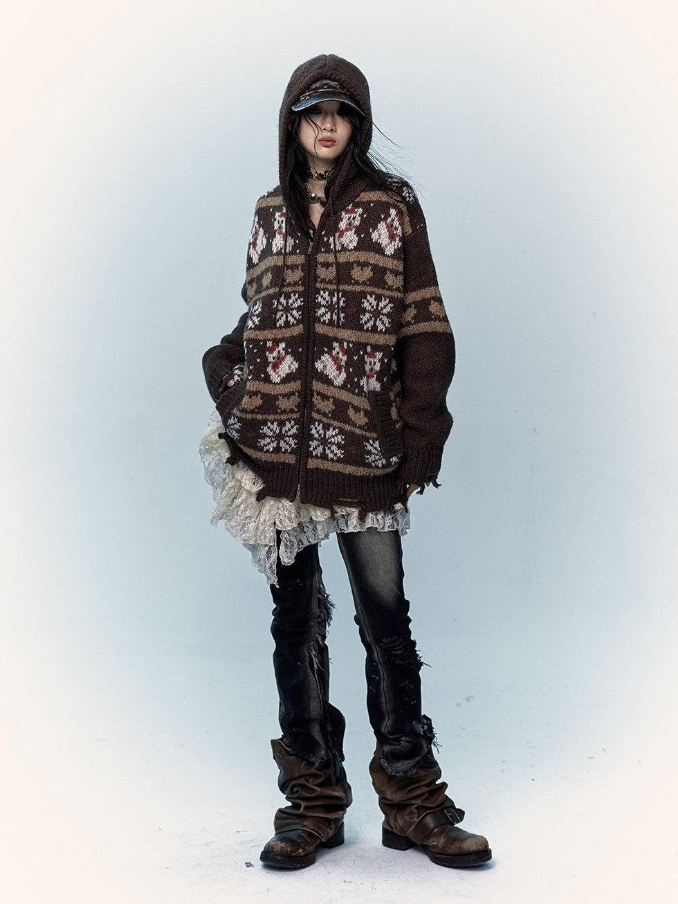 NO ROMANCE Fair Isle Hooded Zipper Vintage Loose Women'S Mohair Wool Knit Cardigans