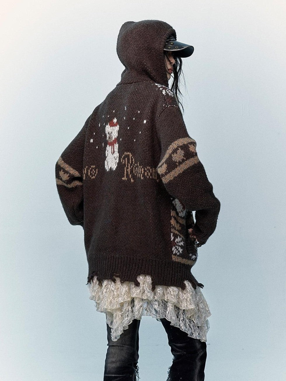 NO ROMANCE Fair Isle Hooded Zipper Vintage Loose Women'S Mohair Wool Knit Cardigans