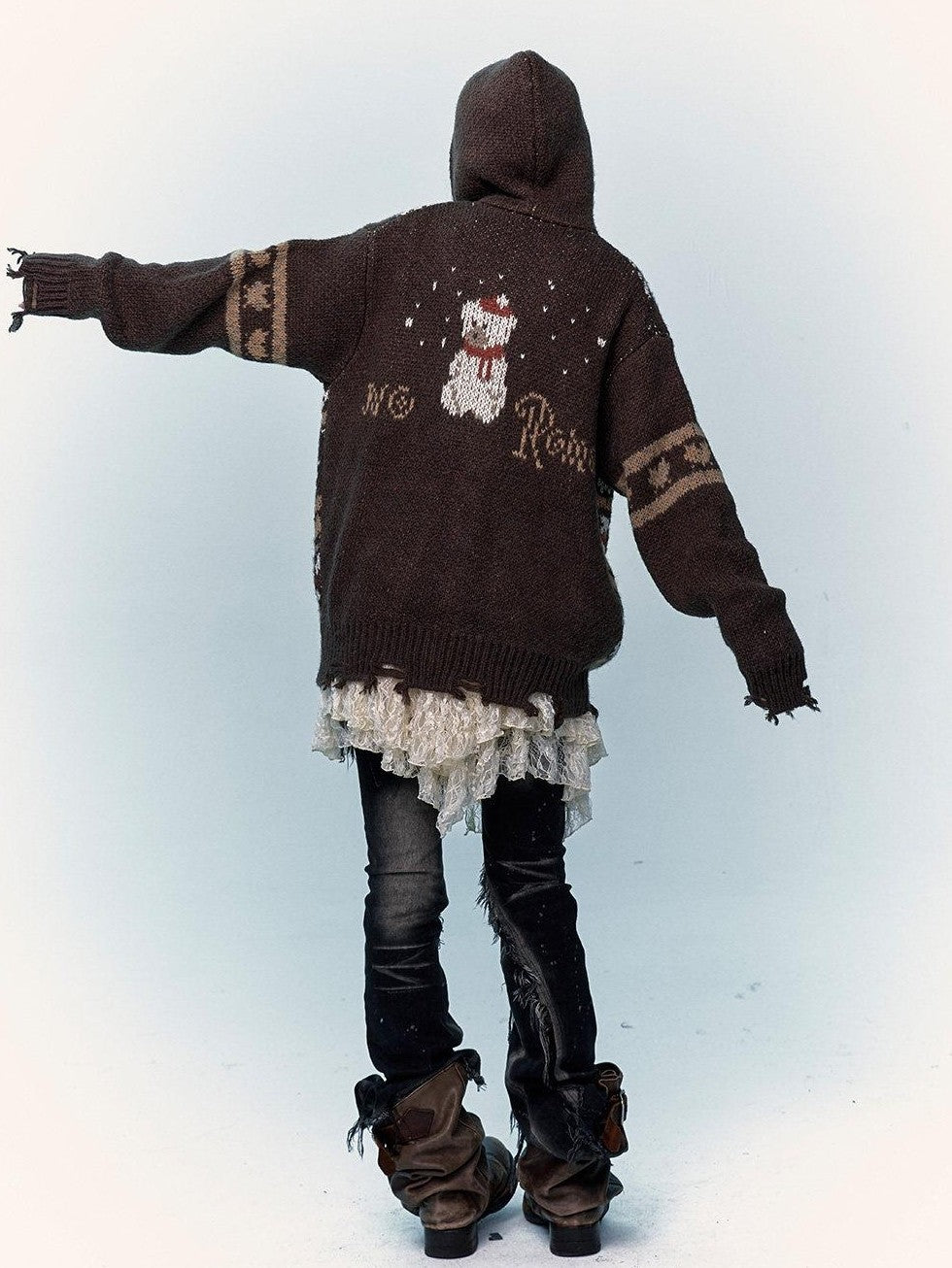 NO ROMANCE Fair Isle Hooded Zipper Vintage Loose Women'S Mohair Wool Knit Cardigans