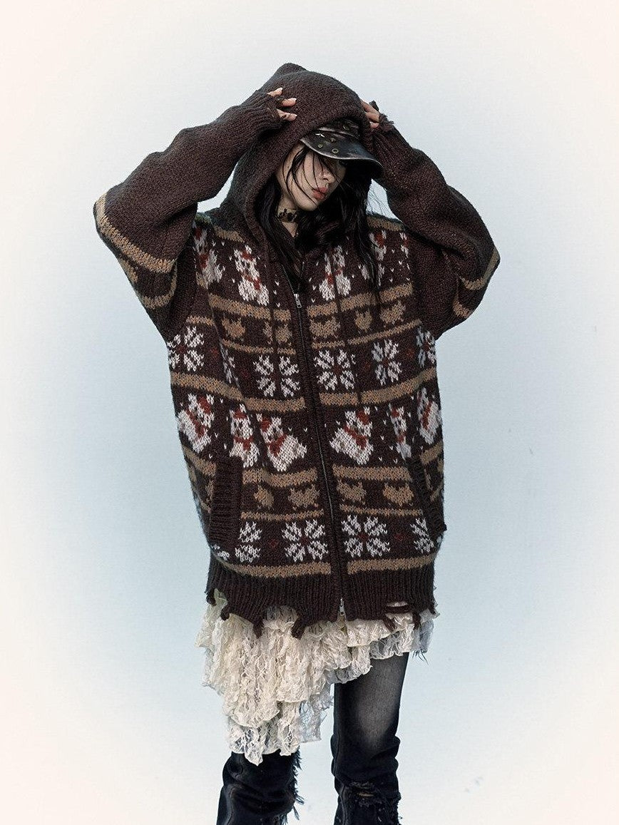 NO ROMANCE Fair Isle Hooded Zipper Vintage Loose Women'S Mohair Wool Knit Cardigans