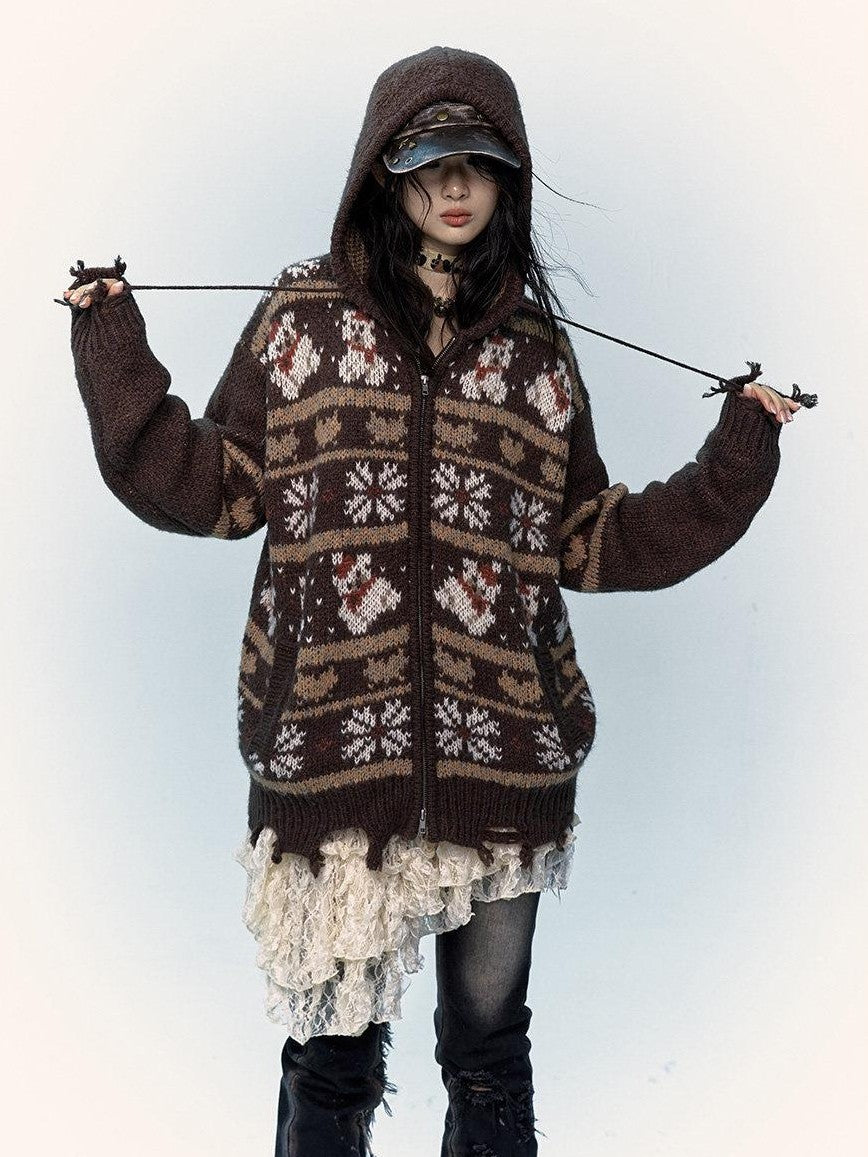 NO ROMANCE Fair Isle Hooded Zipper Vintage Loose Women'S Mohair Wool Knit Cardigans