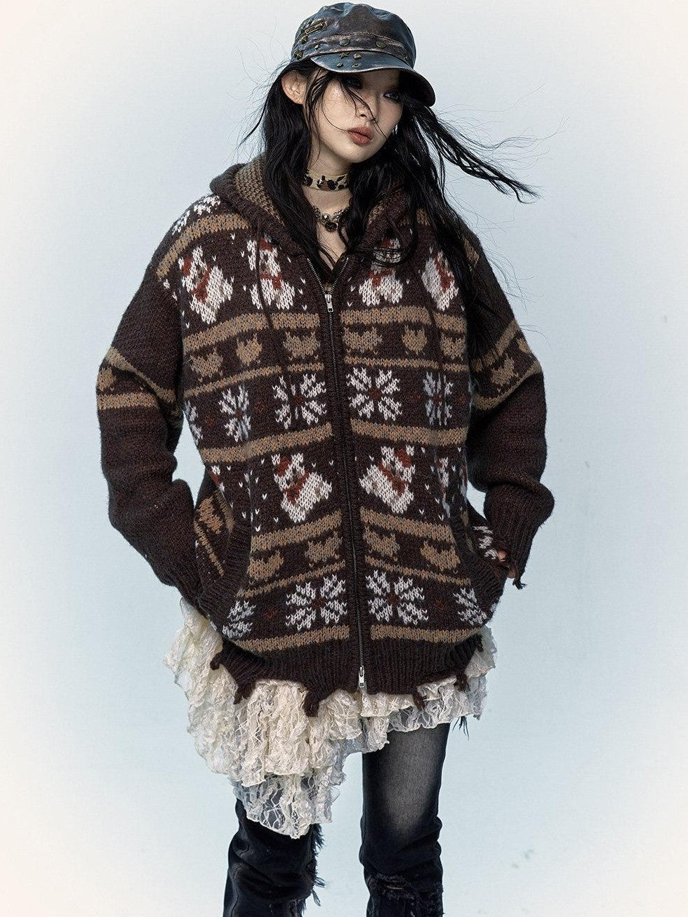 NO ROMANCE Fair Isle Hooded Zipper Vintage Loose Women'S Mohair Wool Knit Cardigans