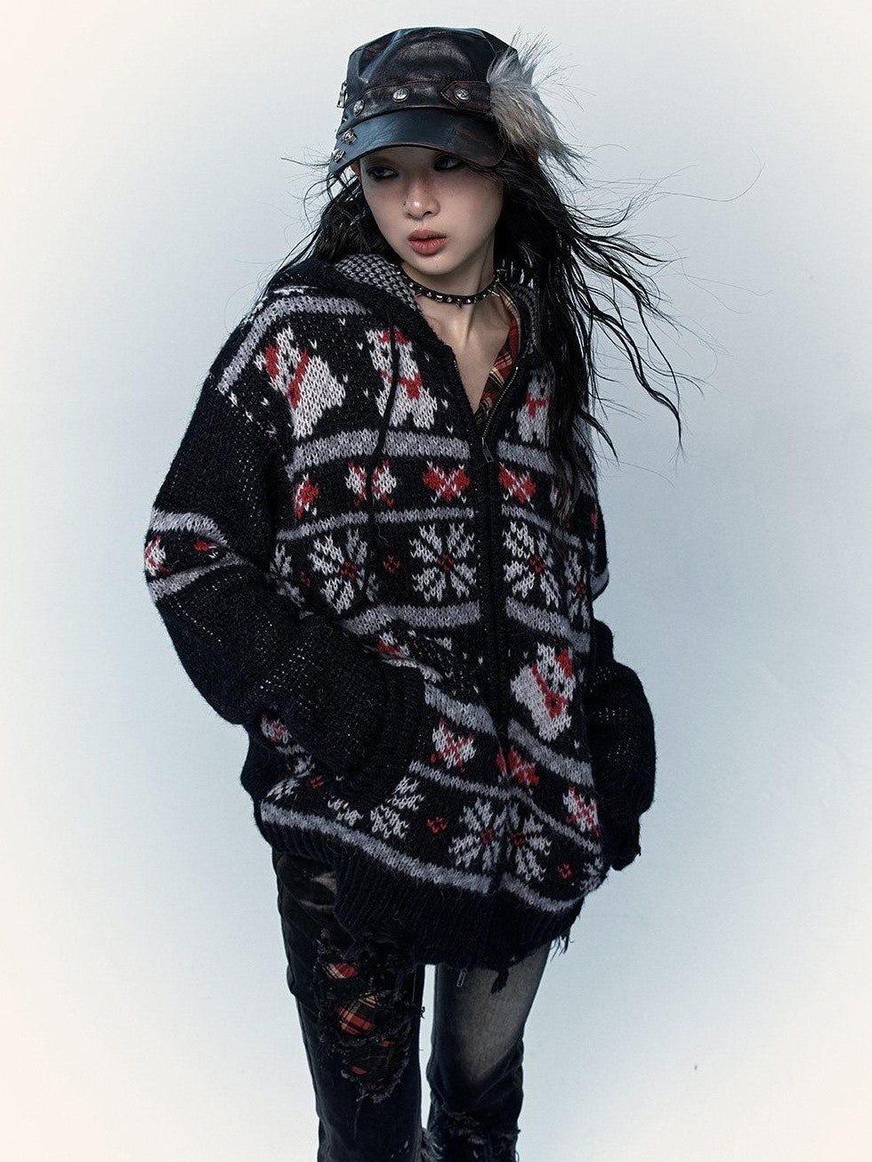 NO ROMANCE Fair Isle Hooded Zipper Vintage Loose Women'S Mohair Wool Knit Cardigans