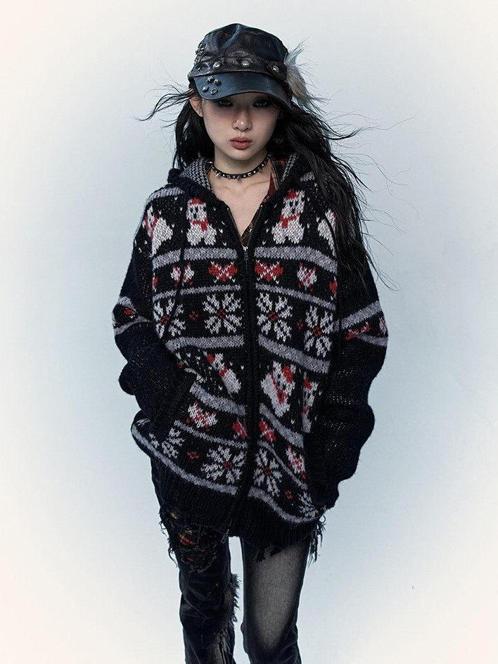 NO ROMANCE Fair Isle Hooded Zipper Vintage Loose Women'S Mohair Wool Knit Cardigans