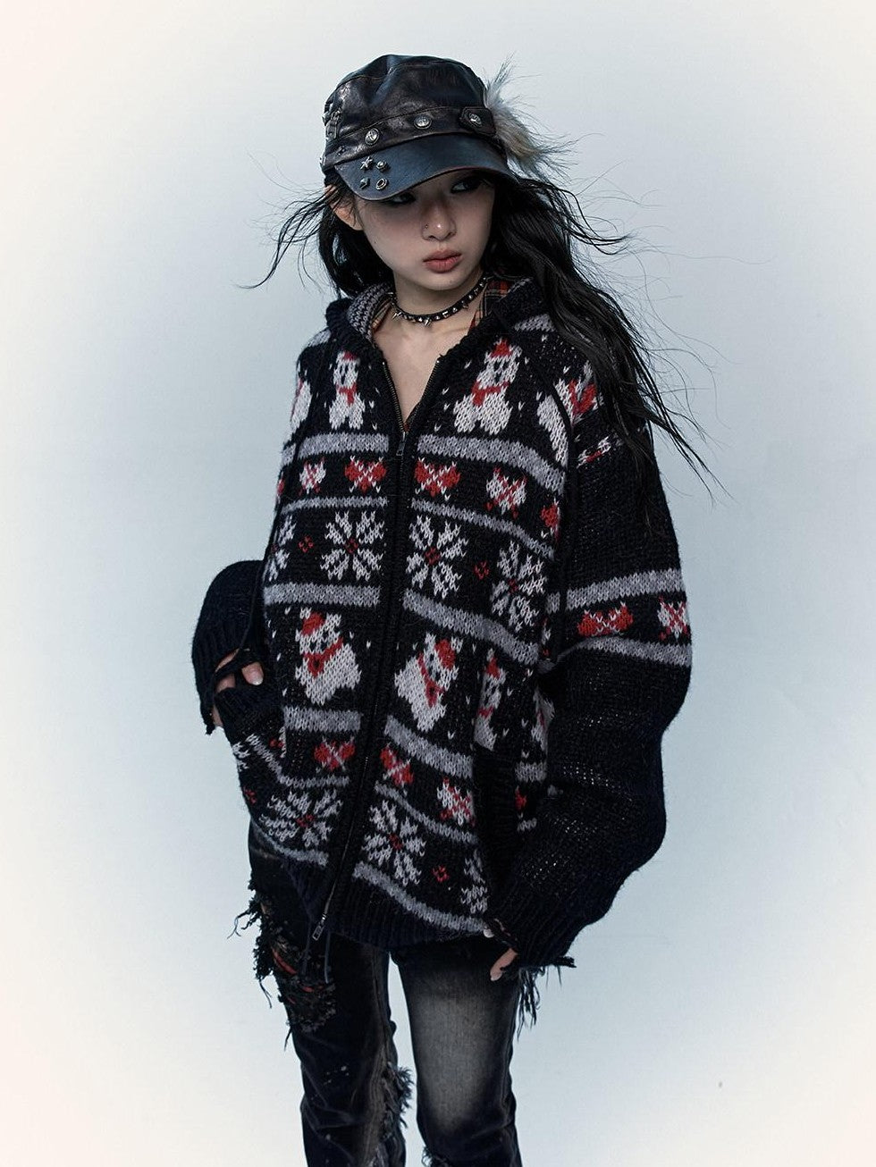 NO ROMANCE Fair Isle Hooded Zipper Vintage Loose Women'S Mohair Wool Knit Cardigans