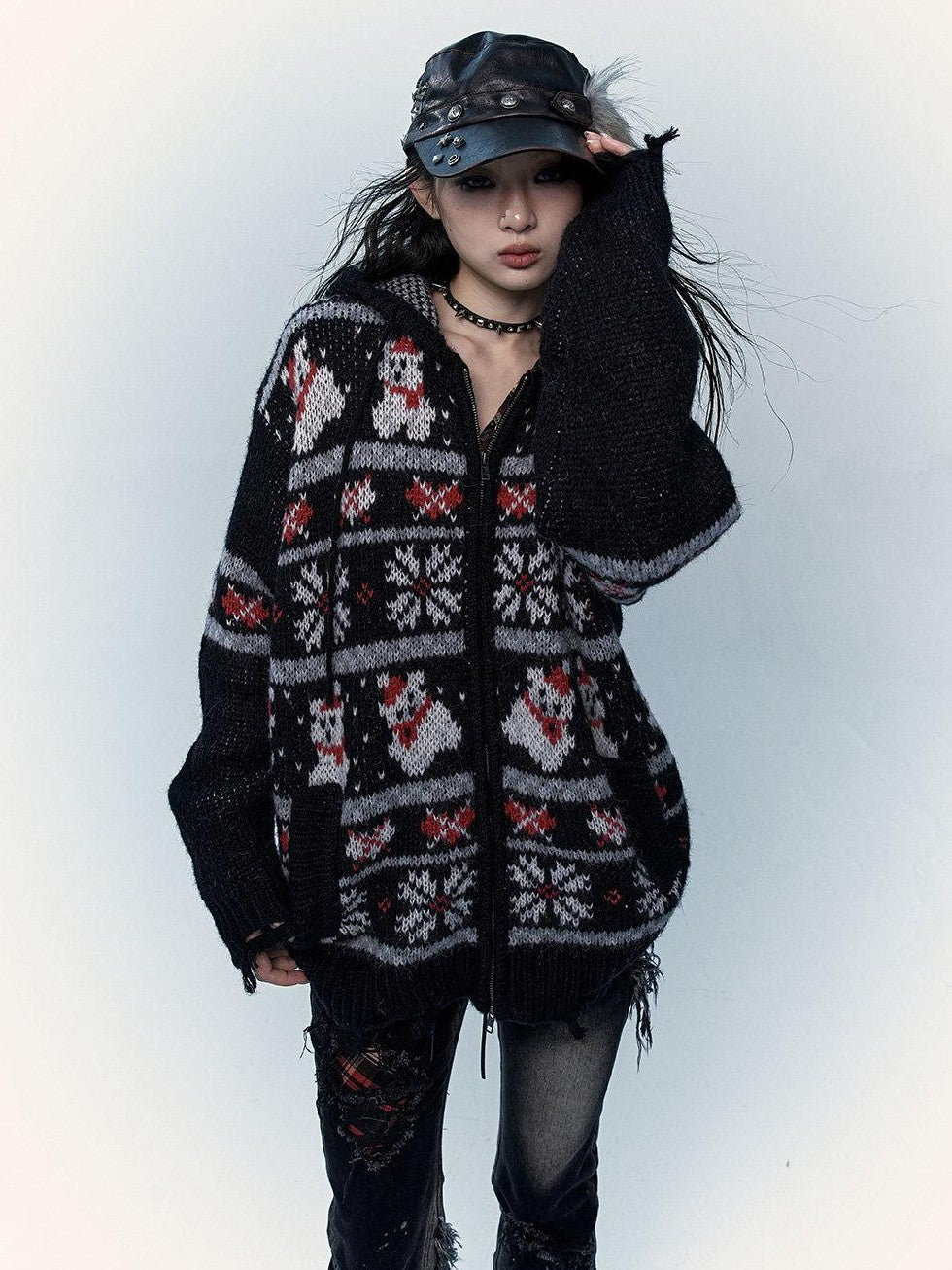 NO ROMANCE Fair Isle Hooded Zipper Vintage Loose Women'S Mohair Wool Knit Cardigans