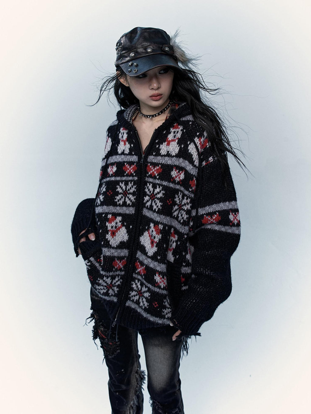 NO ROMANCE Fair Isle Hooded Zipper Vintage Loose Women'S Mohair Wool Knit Cardigans
