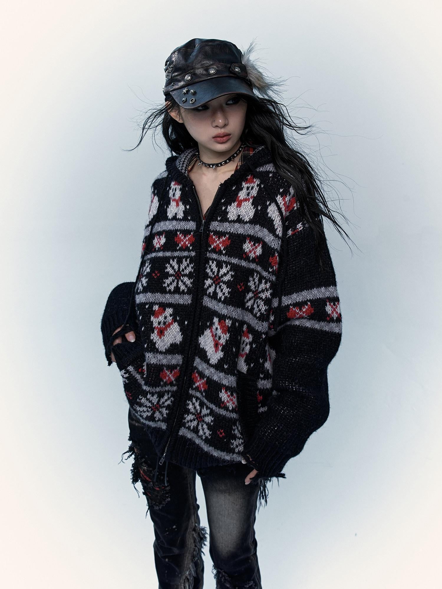 NO ROMANCE Fair Isle Hooded Zipper Vintage Loose Women'S Mohair Wool Knit Cardigans