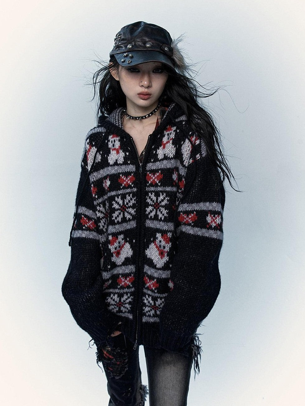 NO ROMANCE Fair Isle Hooded Zipper Vintage Loose Women'S Mohair Wool Knit Cardigans