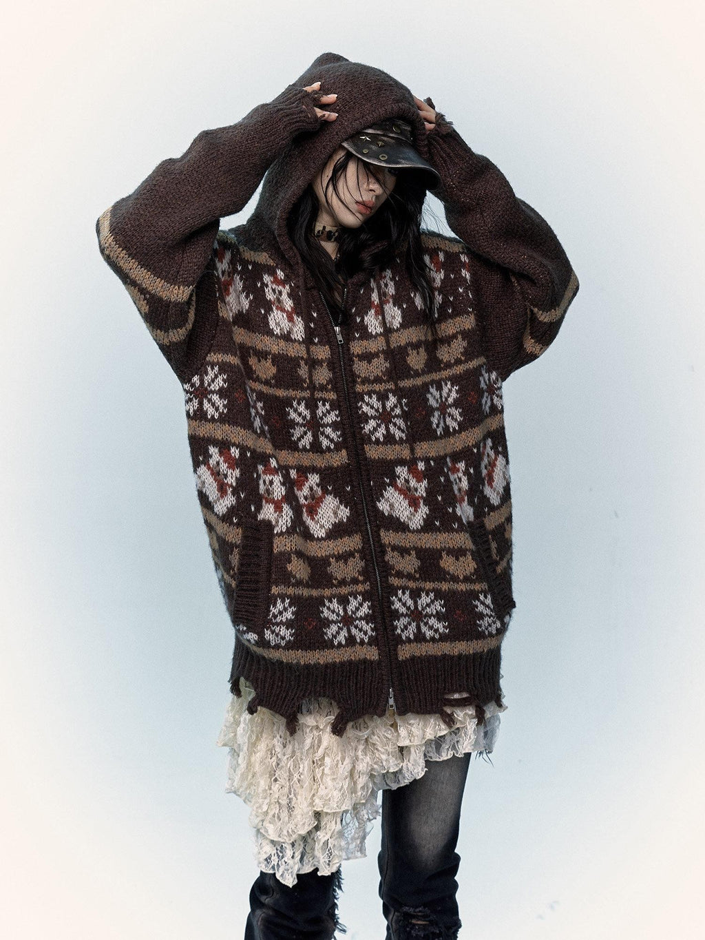 NO ROMANCE Fair Isle Hooded Zipper Vintage Loose Women'S Mohair Wool Knit Cardigans