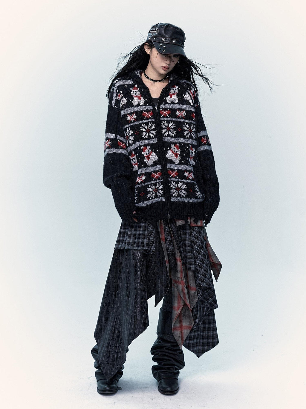 NO ROMANCE Fair Isle Hooded Zipper Vintage Loose Women'S Mohair Wool Knit Cardigans