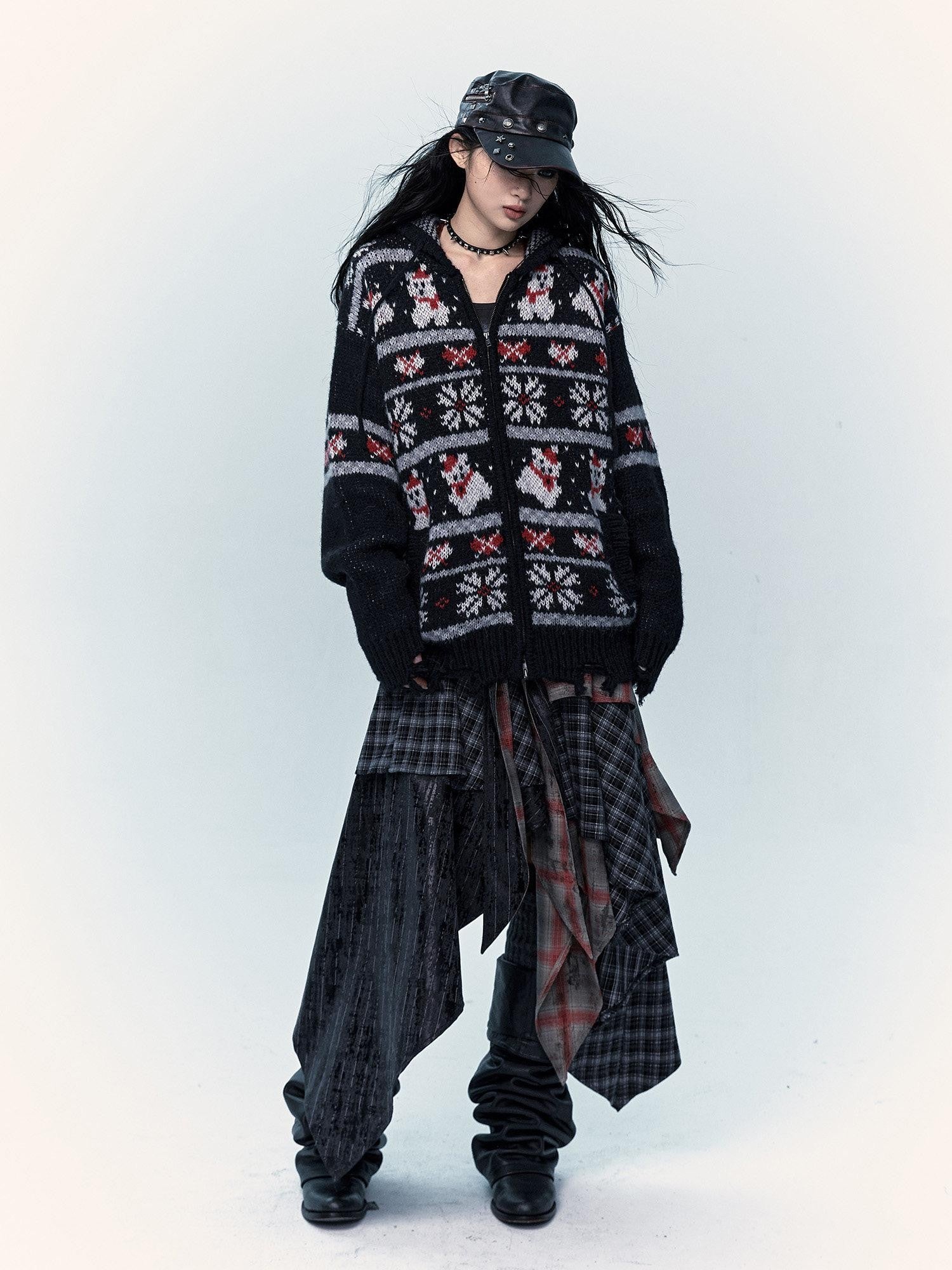 NO ROMANCE Fair Isle Hooded Zipper Vintage Loose Women'S Mohair Wool Knit Cardigans
