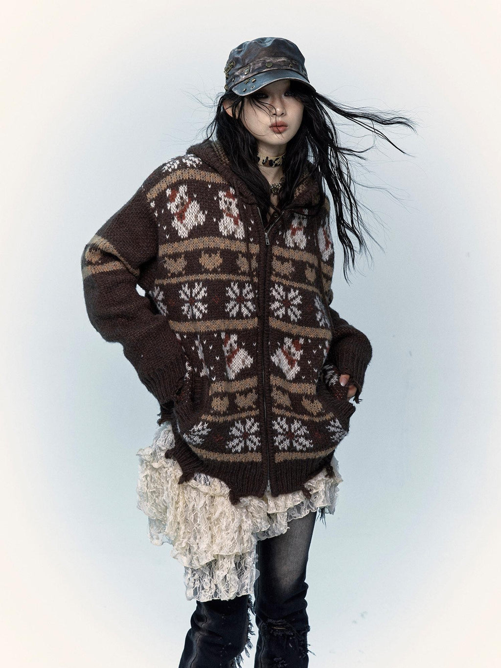 NO ROMANCE Fair Isle Hooded Zipper Vintage Loose Women'S Mohair Wool Knit Cardigans