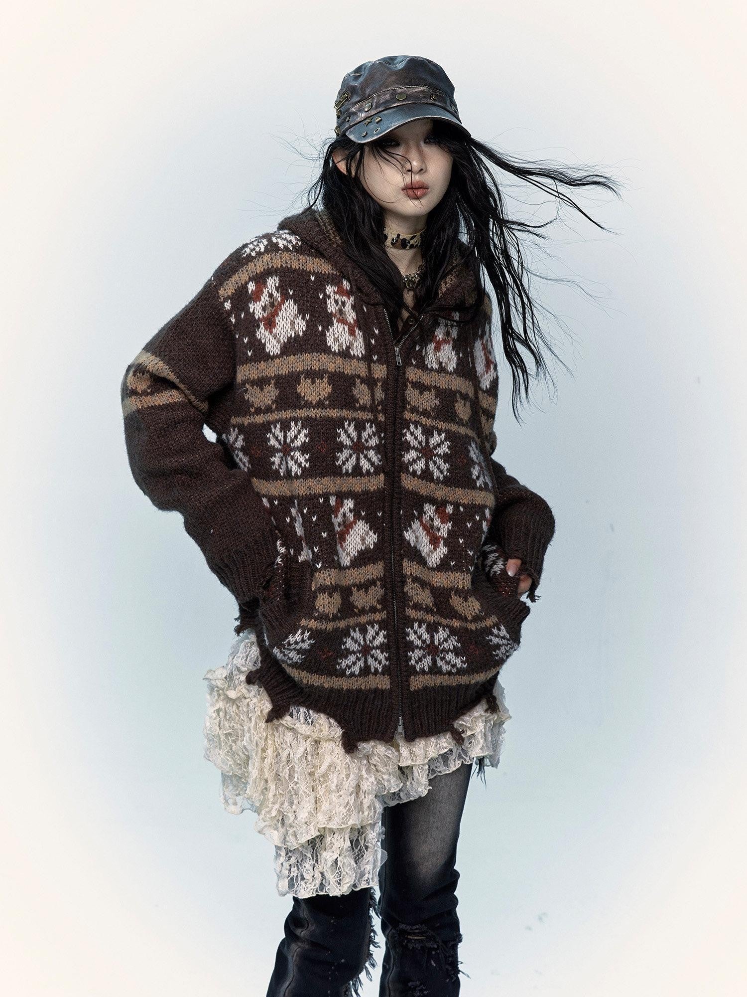 NO ROMANCE Fair Isle Hooded Zipper Vintage Loose Women'S Mohair Wool Knit Cardigans