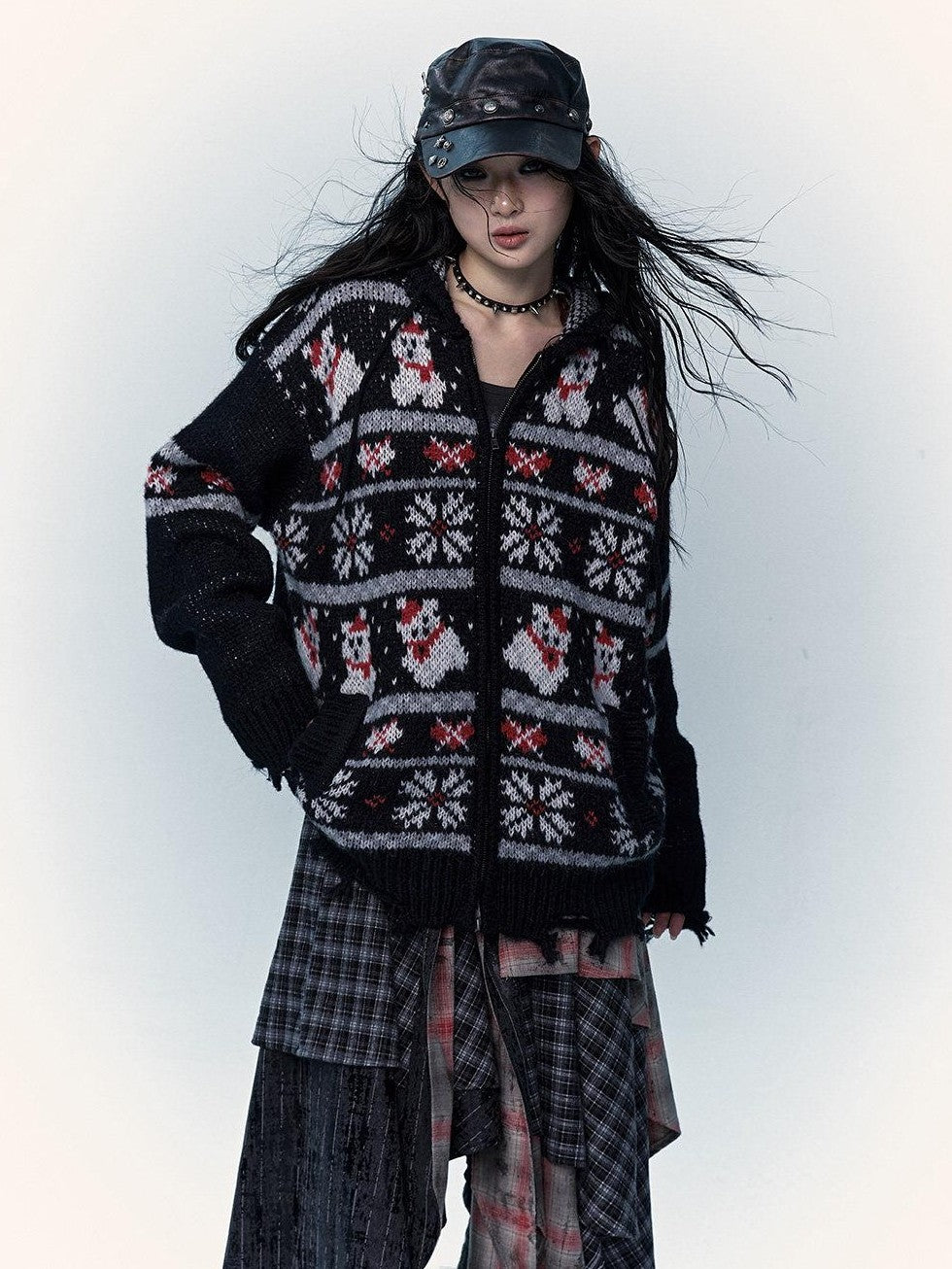 NO ROMANCE Fair Isle Hooded Zipper Vintage Loose Women'S Mohair Wool Knit Cardigans