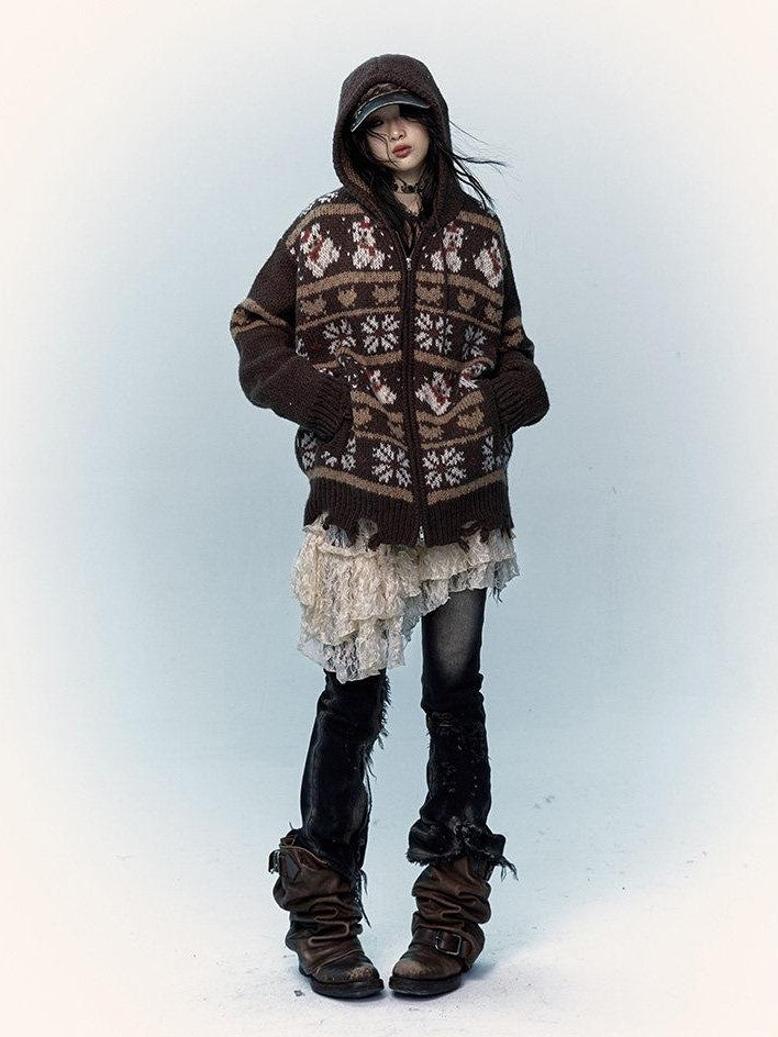 NO ROMANCE Fair Isle Hooded Zipper Vintage Loose Women'S Mohair Wool Knit Cardigans