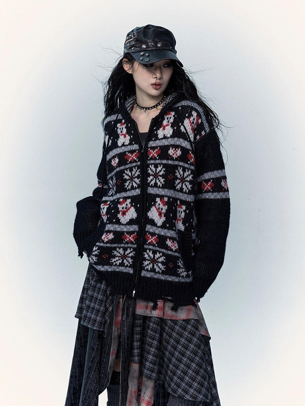 NO ROMANCE Fair Isle Hooded Zipper Vintage Loose Women'S Mohair Wool Knit Cardigans