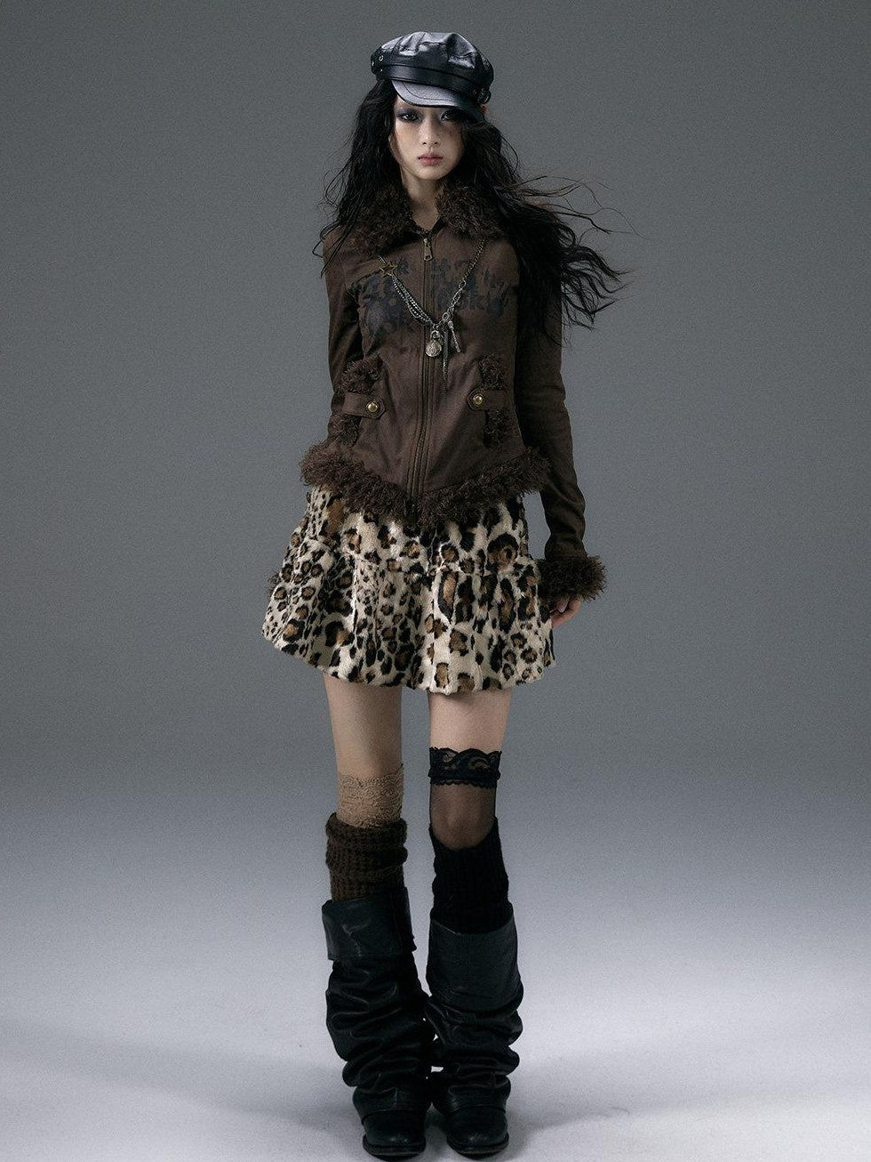 NO ROMANCE Fuzzy Leopard Rhinestone Punk Tiered Women'S Polyester Mini Skirts
