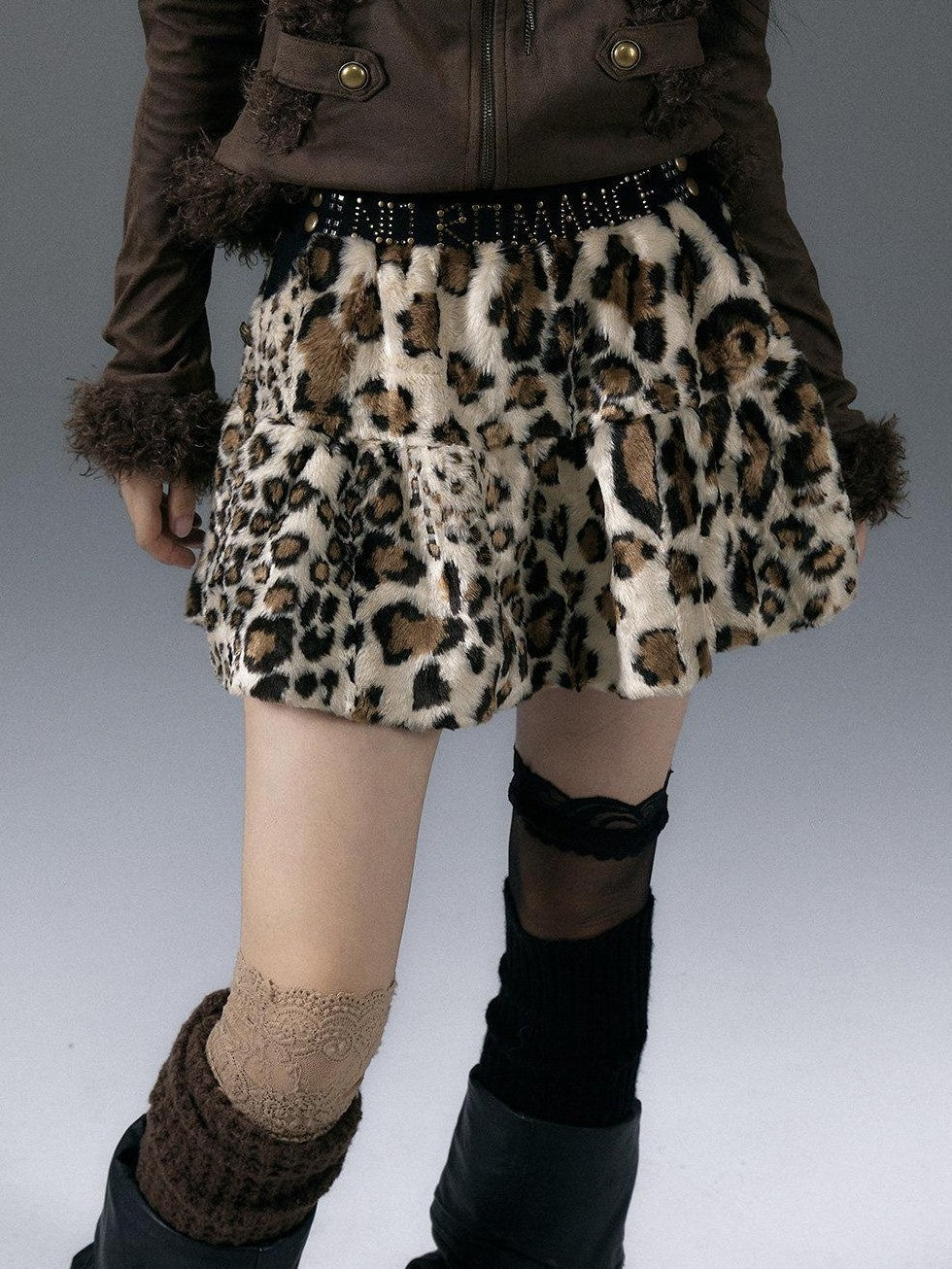 NO ROMANCE Fuzzy Leopard Rhinestone Punk Tiered Women'S Polyester Mini Skirts