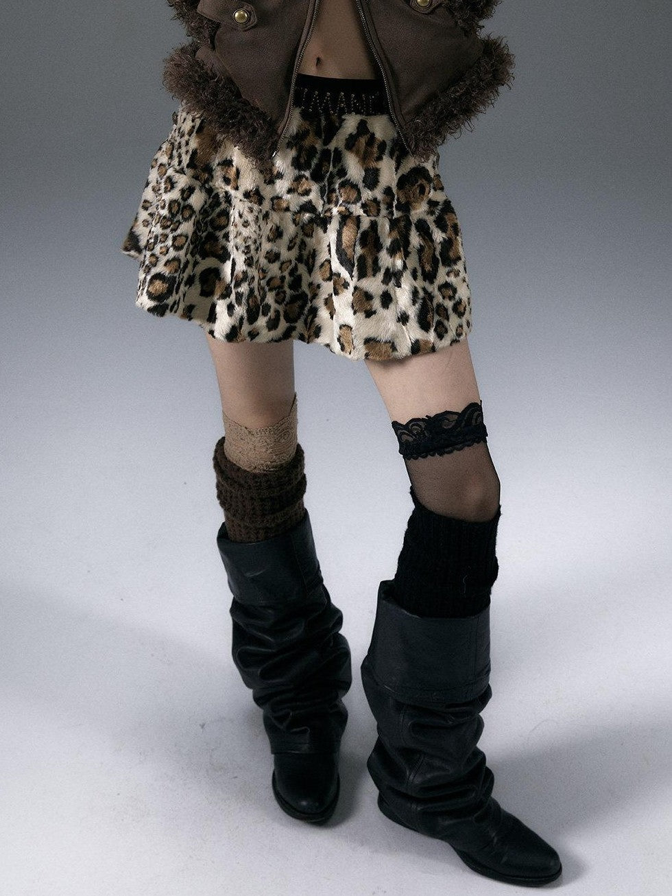NO ROMANCE Fuzzy Leopard Rhinestone Punk Tiered Women'S Polyester Mini Skirts