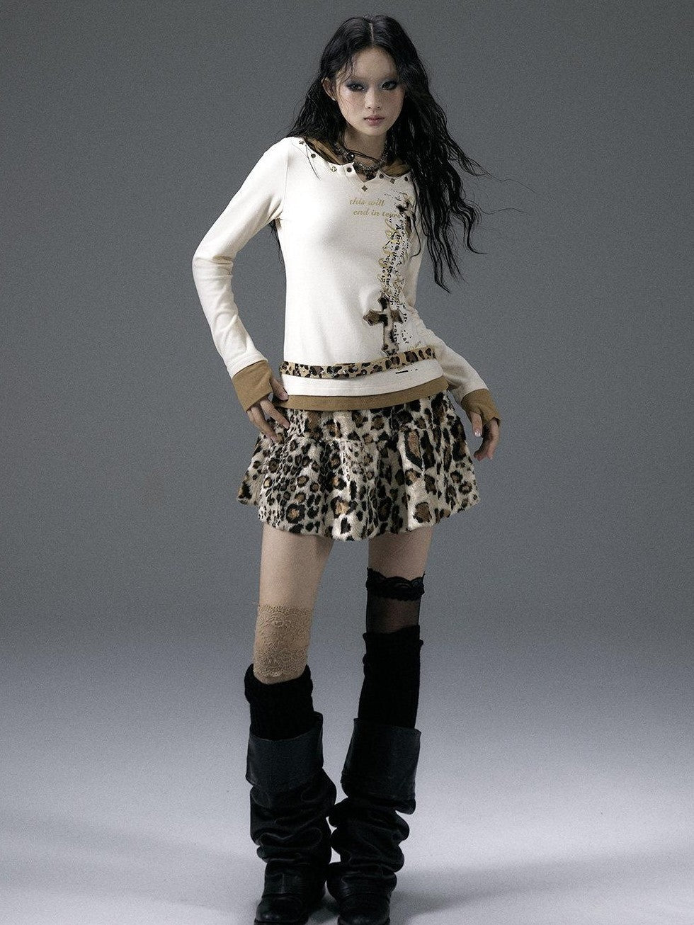 NO ROMANCE Fuzzy Leopard Rhinestone Punk Tiered Women'S Polyester Mini Skirts