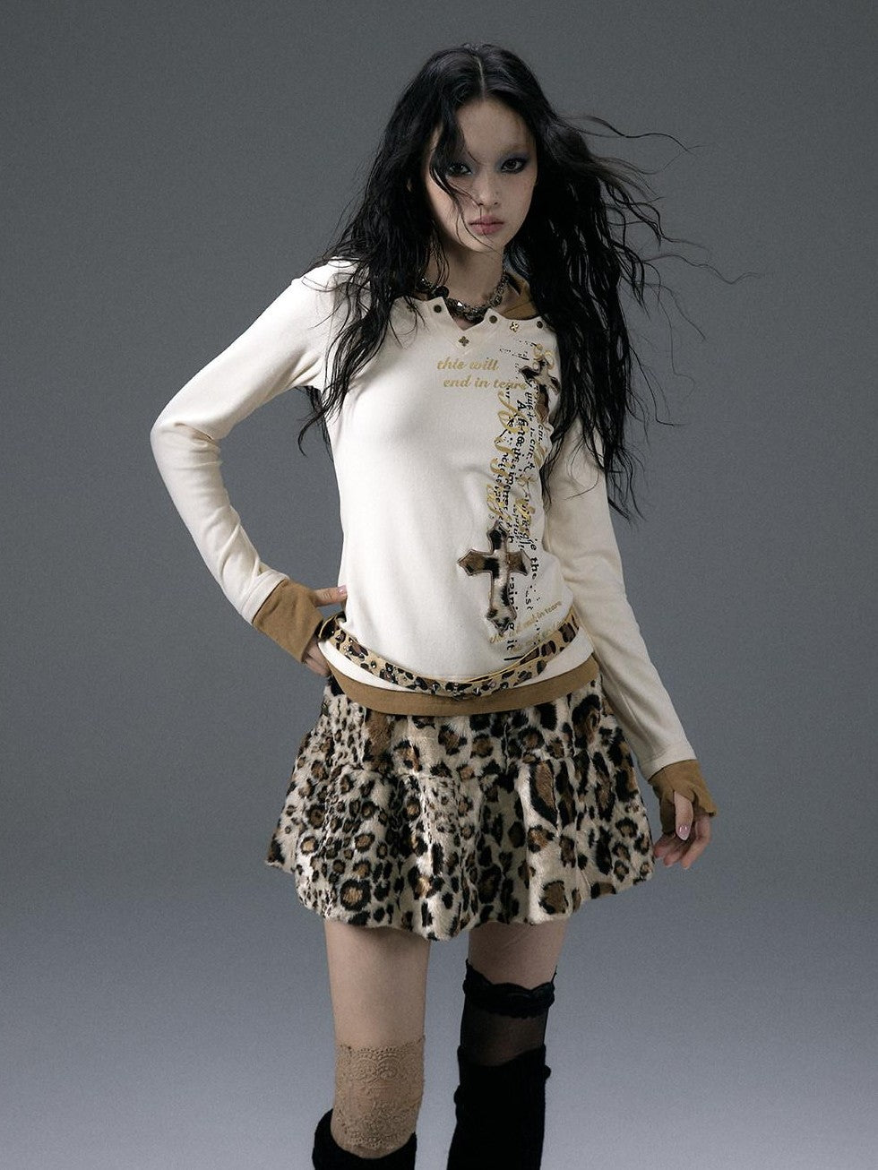 NO ROMANCE Fuzzy Leopard Rhinestone Punk Tiered Women'S Polyester Mini Skirts