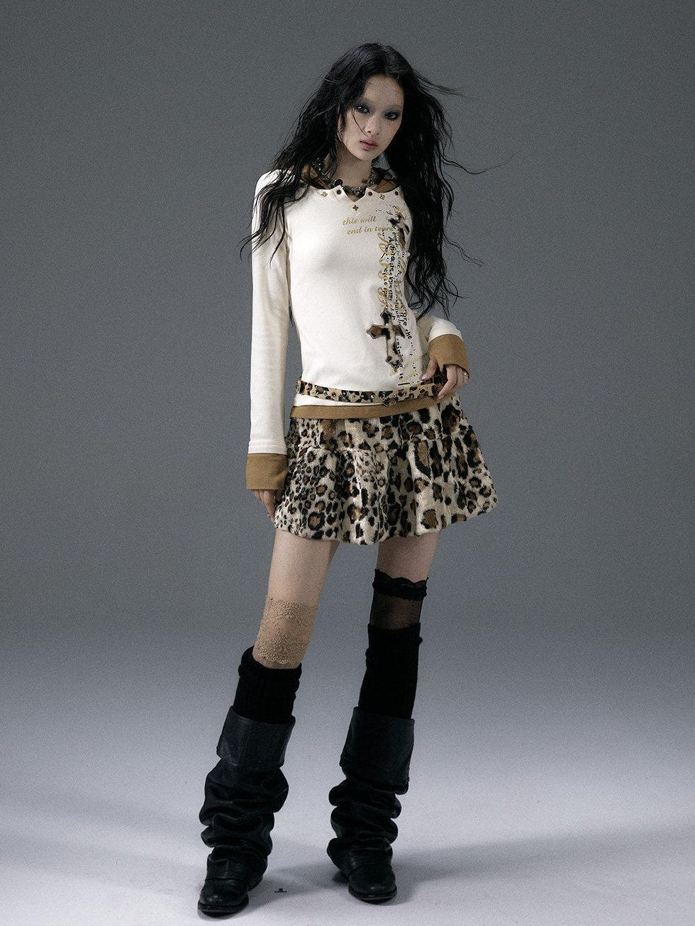NO ROMANCE Fuzzy Leopard Rhinestone Punk Tiered Women'S Polyester Mini Skirts