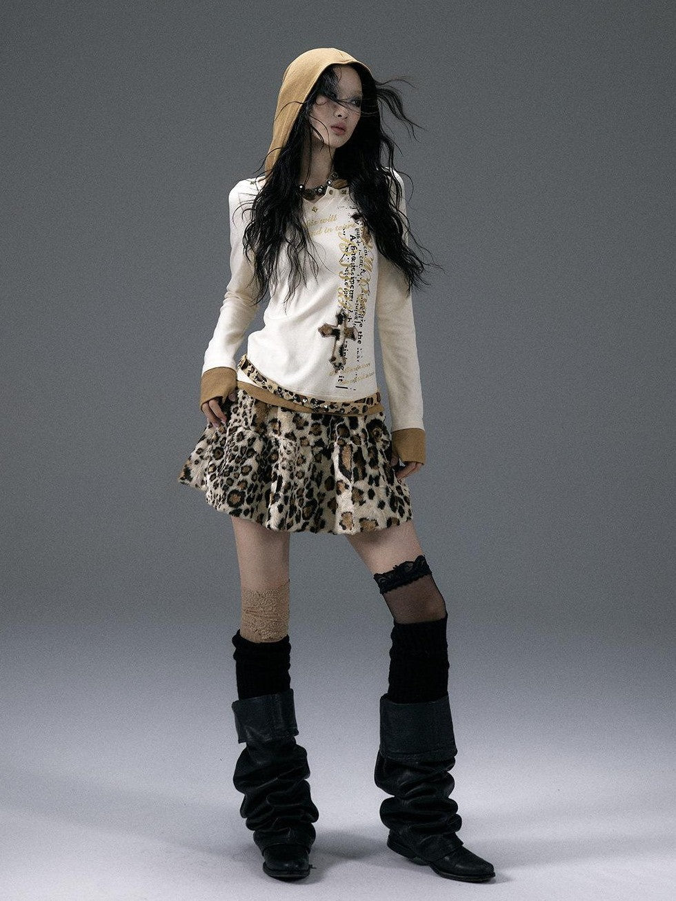 NO ROMANCE Fuzzy Leopard Rhinestone Punk Tiered Women'S Polyester Mini Skirts
