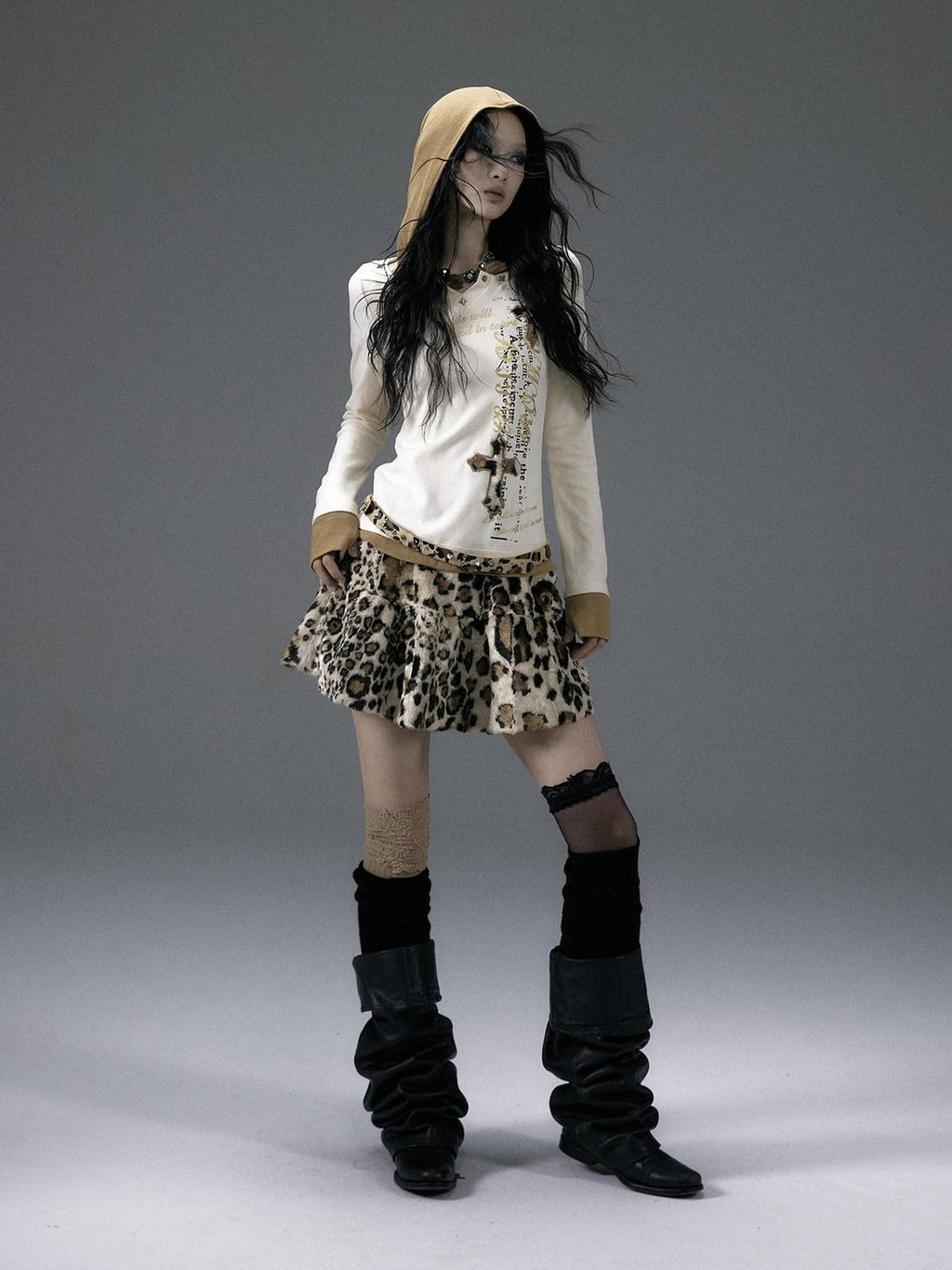 NO ROMANCE Fuzzy Leopard Rhinestone Punk Tiered Women'S Polyester Mini Skirts