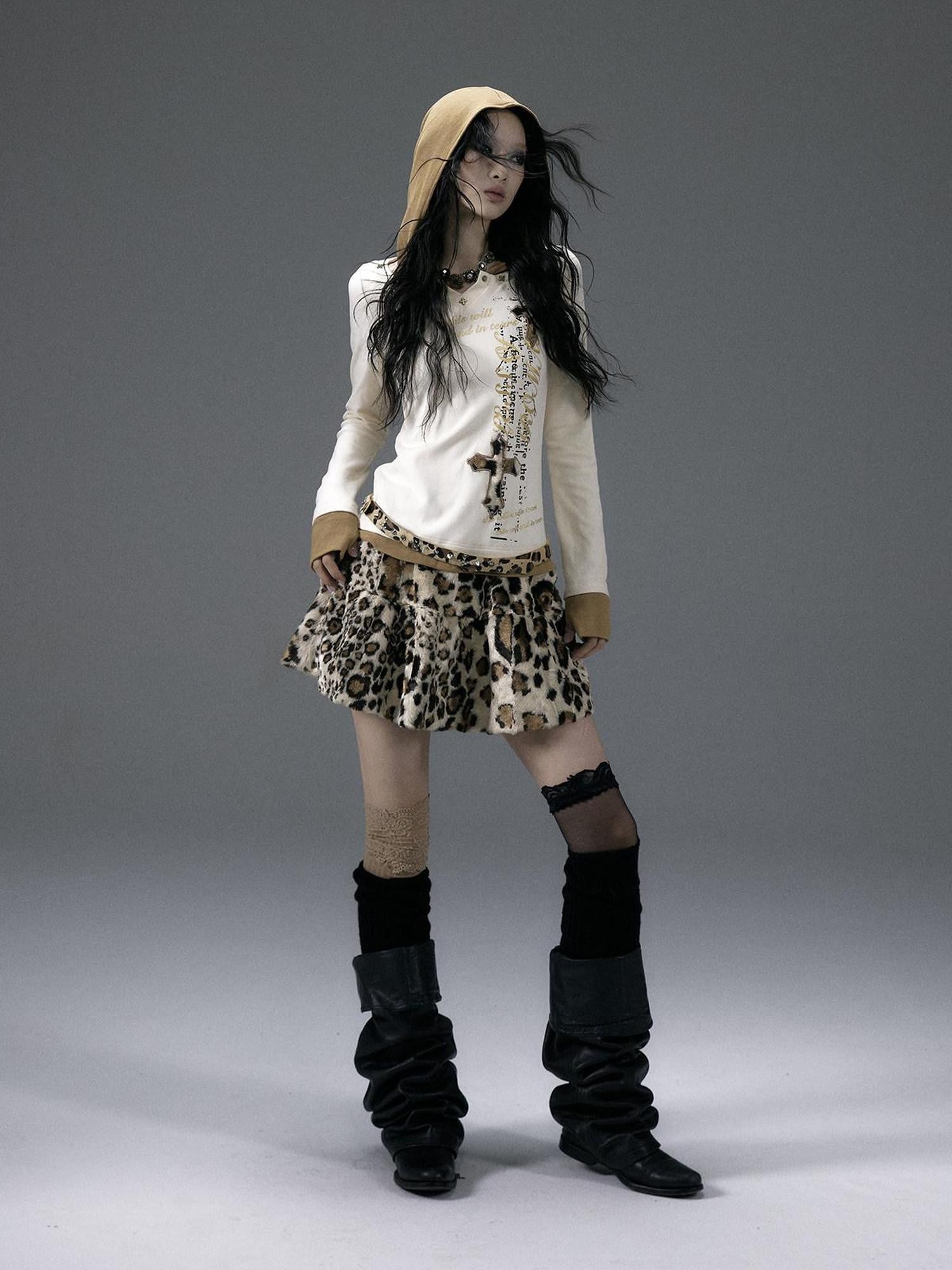 NO ROMANCE Fuzzy Leopard Rhinestone Punk Tiered Women'S Polyester Mini Skirts