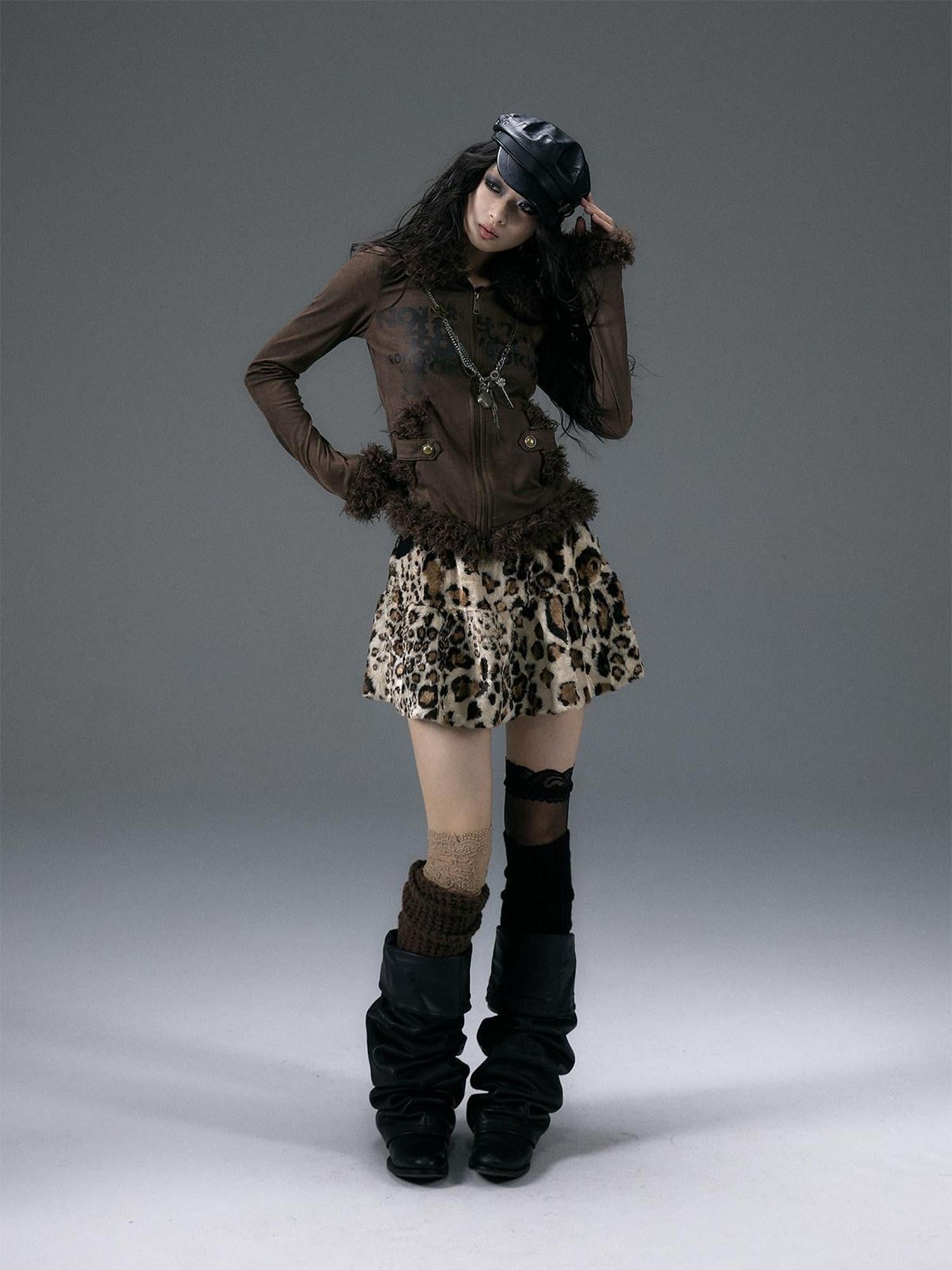 NO ROMANCE Fuzzy Leopard Rhinestone Punk Tiered Women'S Polyester Mini Skirts