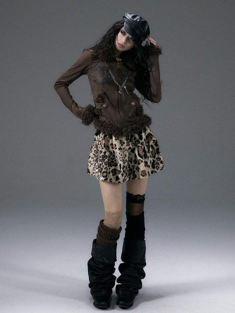 NO ROMANCE Fuzzy Leopard Rhinestone Punk Tiered Women'S Polyester Mini Skirts