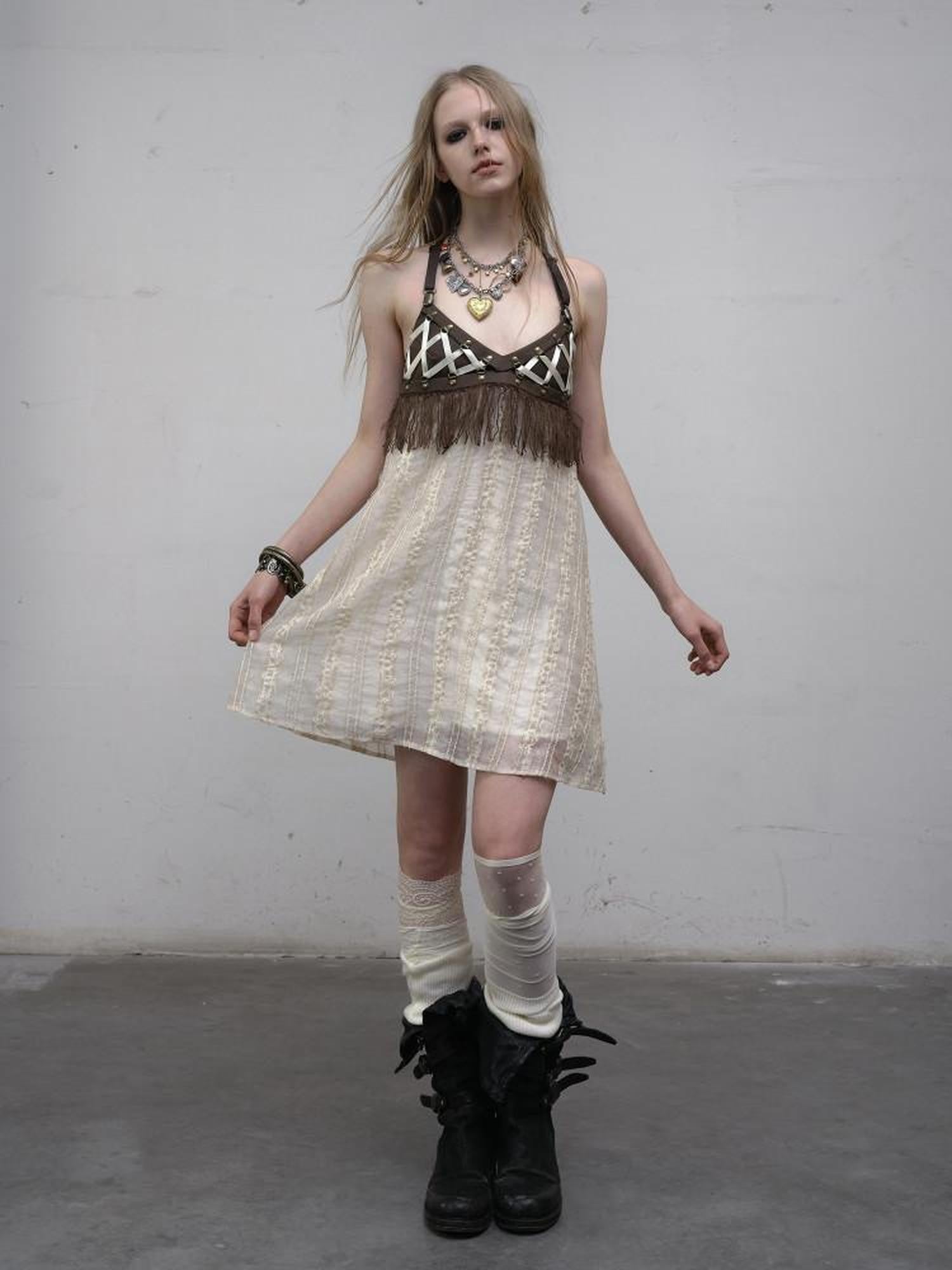 NO ROMANCE Khaki Vintage Punk Patchwork Leather Lace Up A Line Women'S Slip Midi Dresses