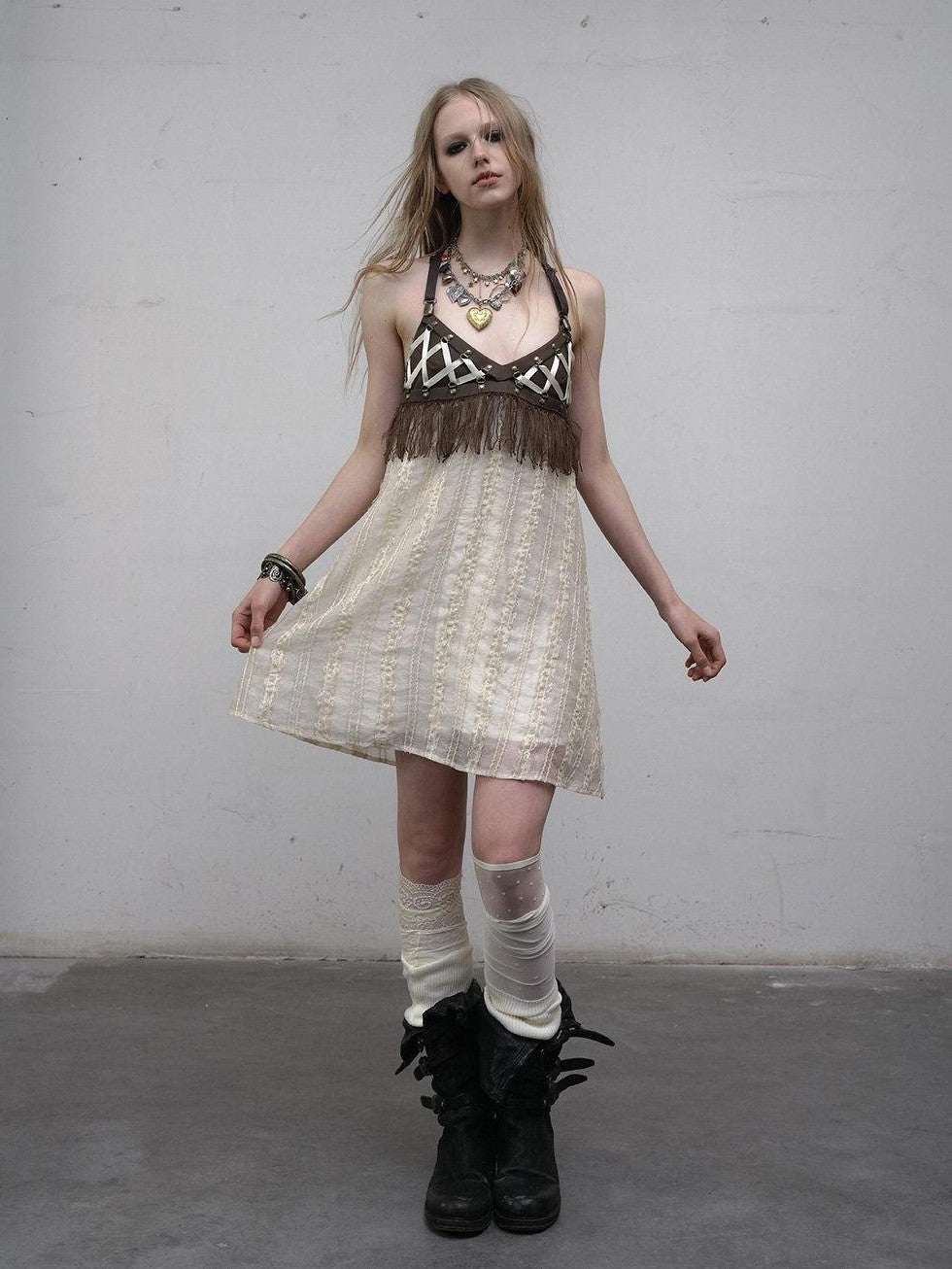 NO ROMANCE Khaki Vintage Punk Patchwork Leather Lace Up A Line Women'S Slip Midi Dresses