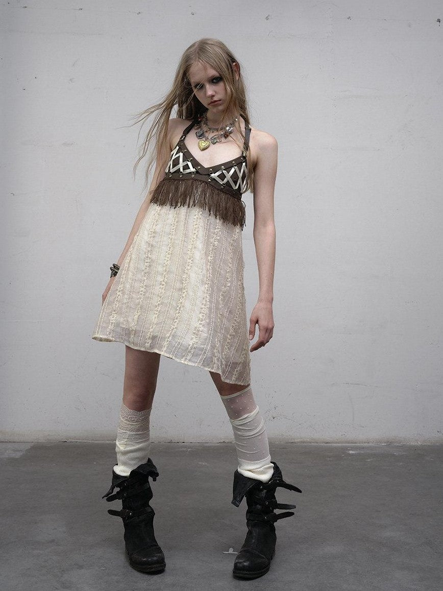 NO ROMANCE Khaki Vintage Punk Patchwork Leather Lace Up A Line Women'S Slip Midi Dresses