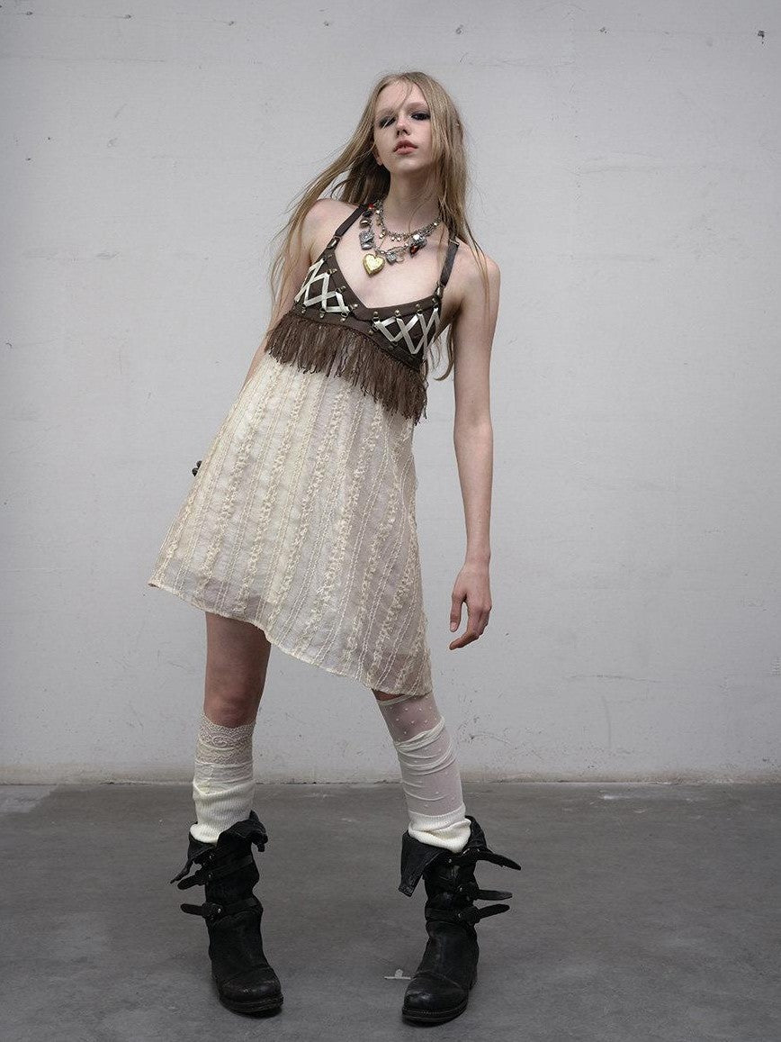 NO ROMANCE Khaki Vintage Punk Patchwork Leather Lace Up A Line Women'S Slip Midi Dresses