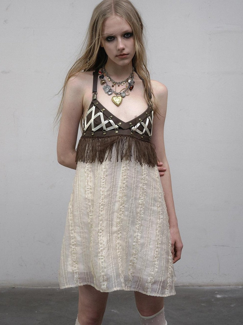 NO ROMANCE Khaki Vintage Punk Patchwork Leather Lace Up A Line Women'S Slip Midi Dresses
