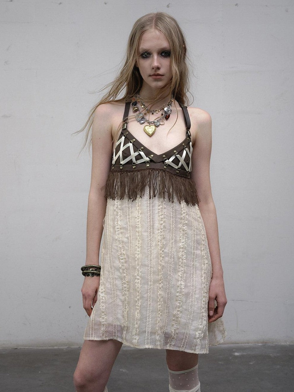 NO ROMANCE Khaki Vintage Punk Patchwork Leather Lace Up A Line Women'S Slip Midi Dresses